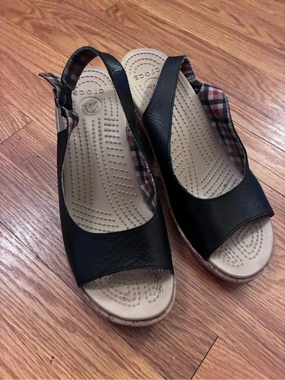 Crocs A-Leigh Black Leather Slingback Cork Wedge Sandals